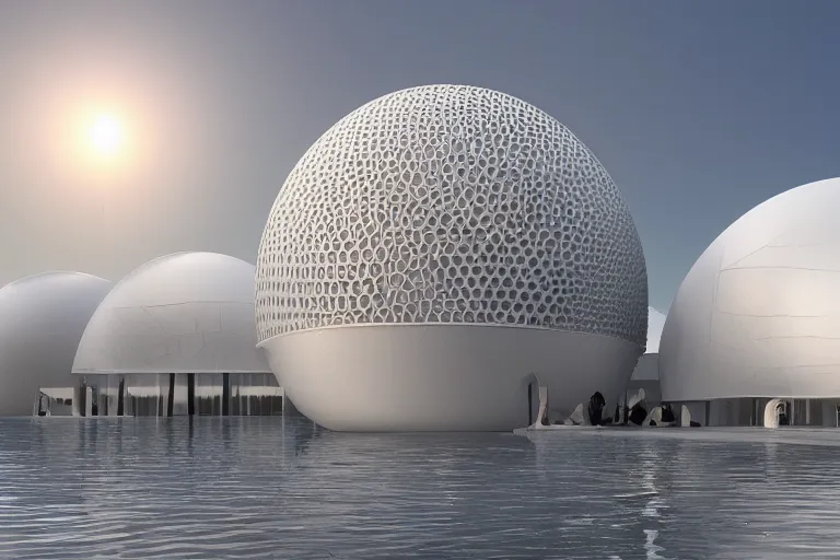 Image similar to many white round spherical buildings are combined to form a building, it depends on each other to form a modern science fiction building ， by pierre bernard, on the calm lake, people's perspective, future, interior wood, marble, award winning, highly detailed 4 k art, dusk, unreal engine highly rendered, global illumination, radial light, internal environment