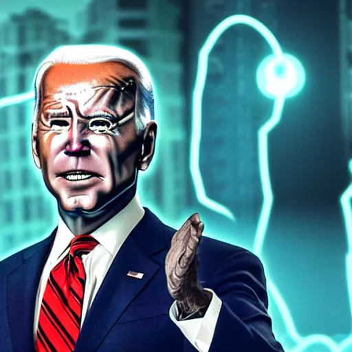 Image similar to Joe Biden, robotic, cyberpunk, cyborg, neon lights, glowing eyes