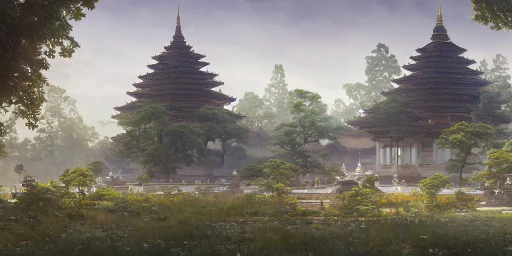 Prompt: landscape of one grand pagoda with spirits swirling around it, art by artgerm and greg rutkowski and alphonse mucha, concept art, octane render, unreal engine 5, highly detailed, high quality, 8 k, soft lighting, realistic face, path traced