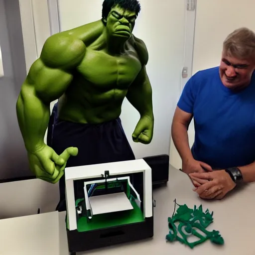 Image similar to the hulk tinkering with his new 3d printer