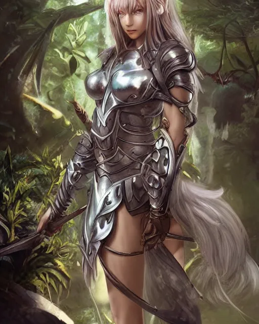 Prompt: digital art of a warrior woman in a jungle wearing silver medieval armor, fantasy art, character art, by wlop, by yoshitaka amano, detailed body and face, beautiful face, anime style, 4 k, dnd