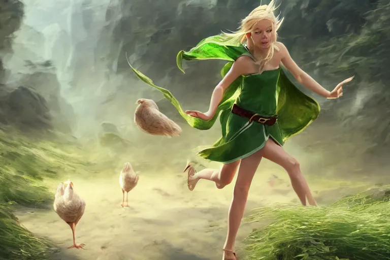 Image similar to a blonde elf wearing a green tunic running away from a flock of white chickens , made by Stanley Artgerm Lau, WLOP, Rossdraws, ArtStation, CGSociety, concept art, cgsociety, octane render, trending on artstation, artstationHD, artstationHQ, unreal engine, 4k, 8k,