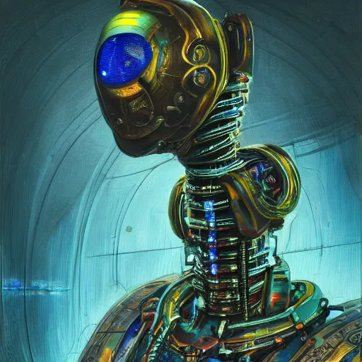 Image similar to low angle shot of A Robot With its head missing, gushing out oil from the hole, walking towards the viewer, neon color scheme, by Clive Barker , intricate, elegant, highly detailed, centered, digital painting, artstation, concept art, smooth, sharp focus, illustration, artgerm, Tomasz Alen Kopera, Peter Mohrbacher donato giancola, Joseph Christian Leyendecker, WLOP, Boris Vallejo.