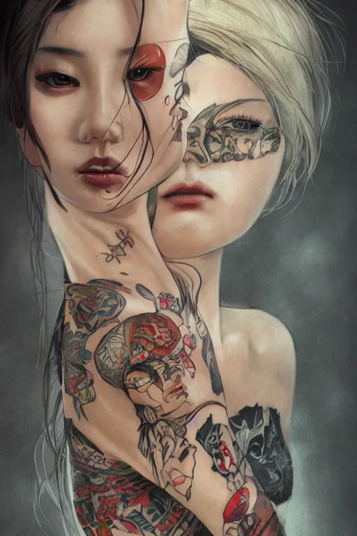 Image similar to portrait of yakuza girl with tattoo, highly detailed, marvel comics, dark, digital painting, artstation, concept art, smooth, sharp focus, illustration, art by Gustav Klimt