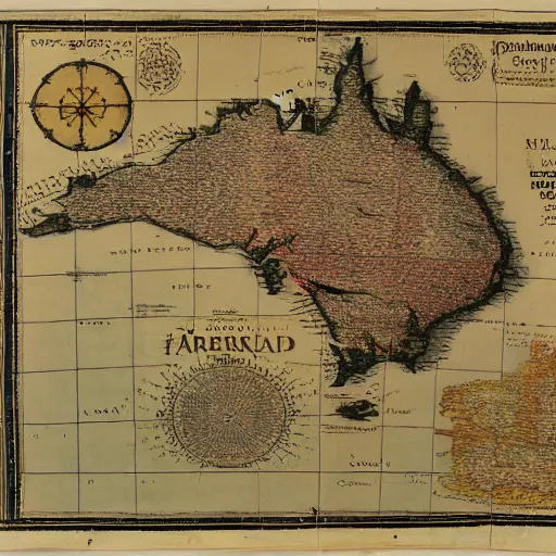 Prompt: cartography map of australia. 1400s old sea map. faraway islands. amerigo vespucci