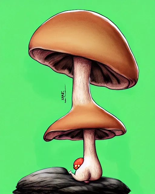 Image similar to digital illustration of a cute mushroom creature, thicc, sitting on a rock in a forest, | | epic - fine - clean, polished, trending on artstation, anime style, brush strokes