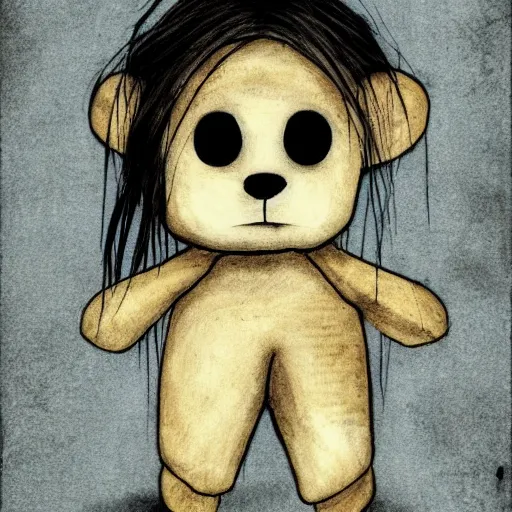 Image similar to grunge drawing of a teddy bear in the style of the grudge | horror themed