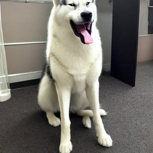 Image similar to an extremely muscular husky dog posing in front of a mirror