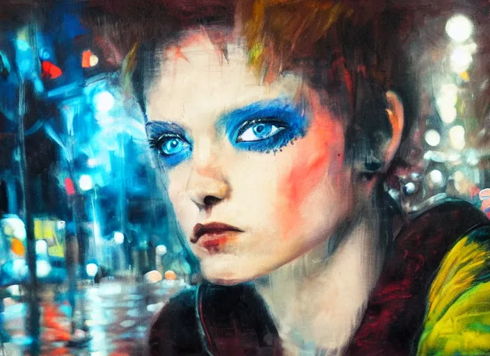 Image similar to detailed portrait of a punk girl with blue eyes in the city street at night, bokeh, long exposure, painting by enki bilal christopher doyle