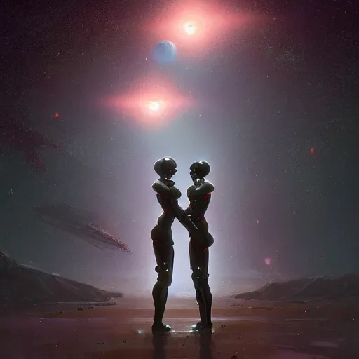 Image similar to digital painting of two humanoid robots hugging each other, the universe is collapsing, cosmic and stars and planets and galaxy, stunning, surreal, cinematic lighting, concept art by greg rutkowski and simon stalenhag