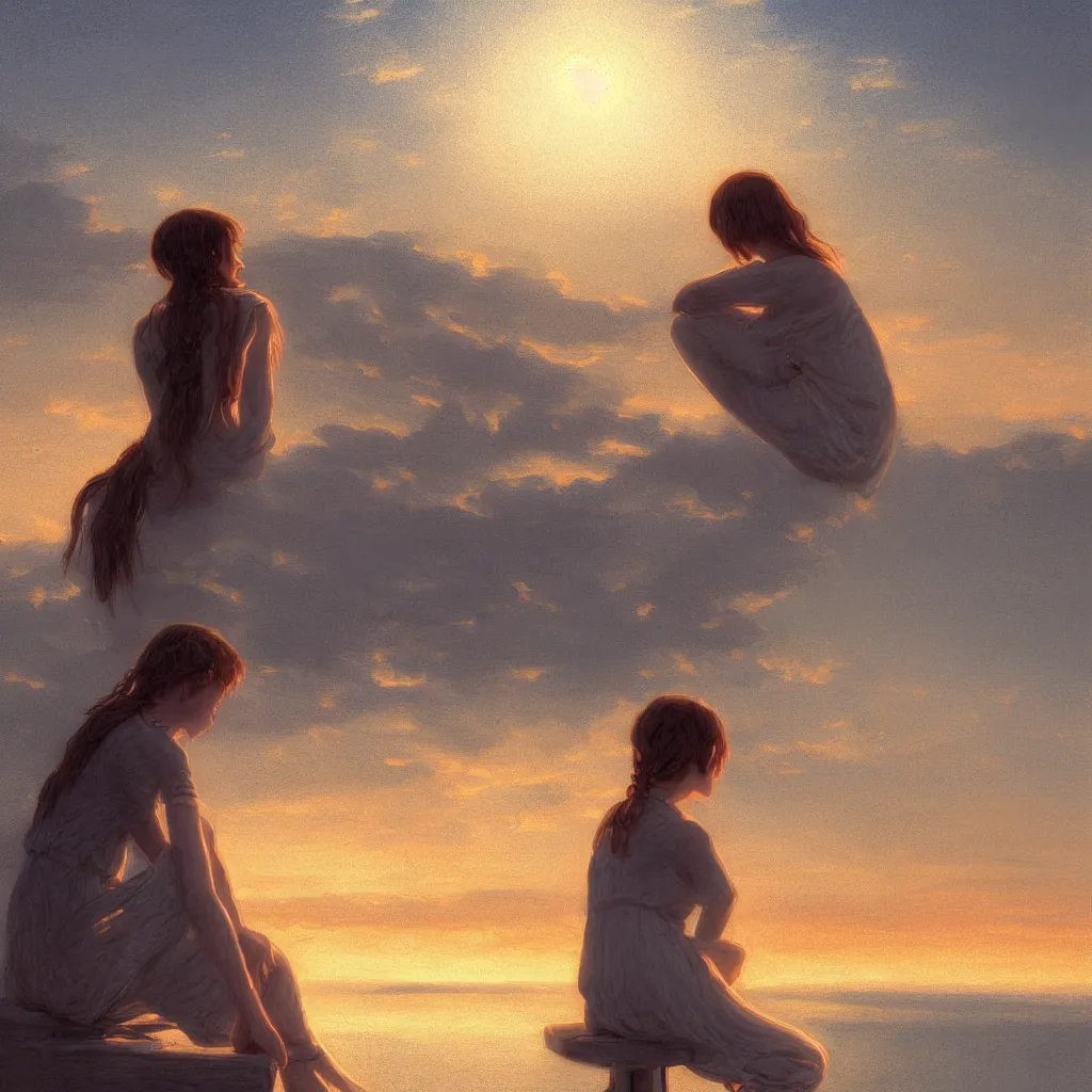 Prompt: android girl sitting under the sunset by caspar david friedrich, hyperrealistic, clean, pure, elegant, highly detailed, digital painting, artstation, concept art, smooth, sharp focus, illustration,