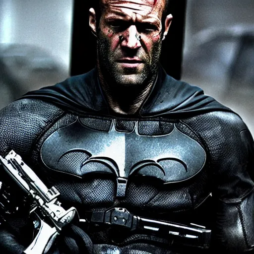 Image similar to jason statham as batman, post apocalyptic, an film still