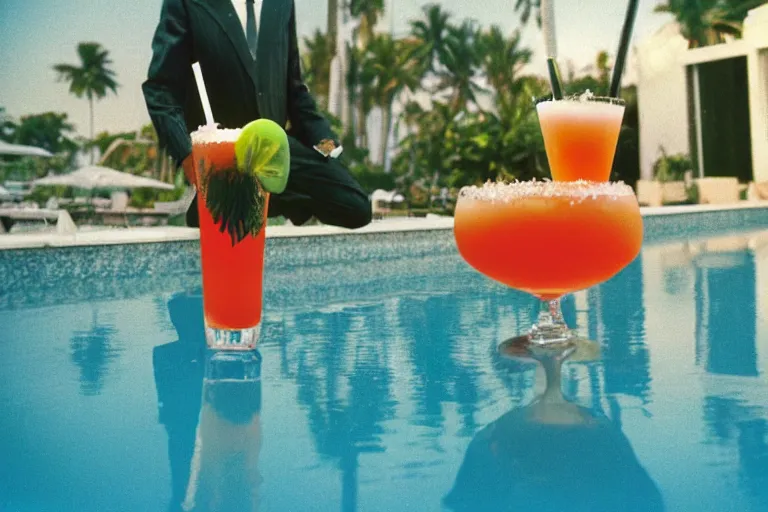 Prompt: agent 4 7 drinking a tropical cocktail by the pool, over the shoulder perspective, in 1 9 8 5, y 2 k cybercore, industrial low - light photography, still from a terry richardson photo