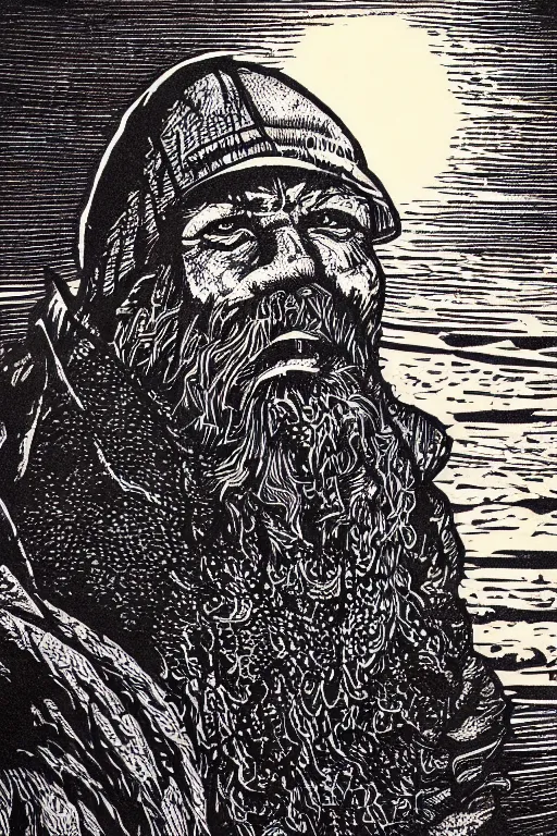 Prompt: a beautiful woodcut illustration on paper of an old fisherman, 8 k, frostbite 3 engine, cryengine, dof, trending on artstation, digital art, crepuscular ray