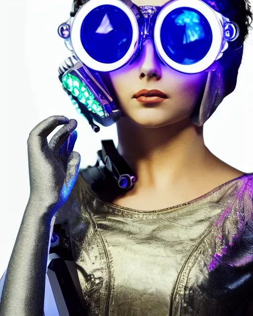 Image similar to centered portrait of soulful young elizabeth taylor as a solarpunk mecha humanoid robotic parts wearing crystal goggles with bright led lights, real human face, pudica gesture bouguereau style, in white room, ultra - realistic and intricate, soft portrait shot 8 k