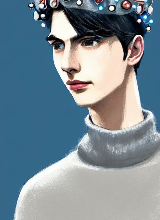 Image similar to portrait of teenage jughead jones wearing a light grey crown, crown, blue turtleneck, 1 9 5 0 s, closed eyes, photorealistic, black hair, glowing lighting, intricate, elegant, glowing lights, highly detailed, digital painting, artstation, concept art, smooth, sharp focus, illustration, art by wlop, mars ravelo and greg rutkowski