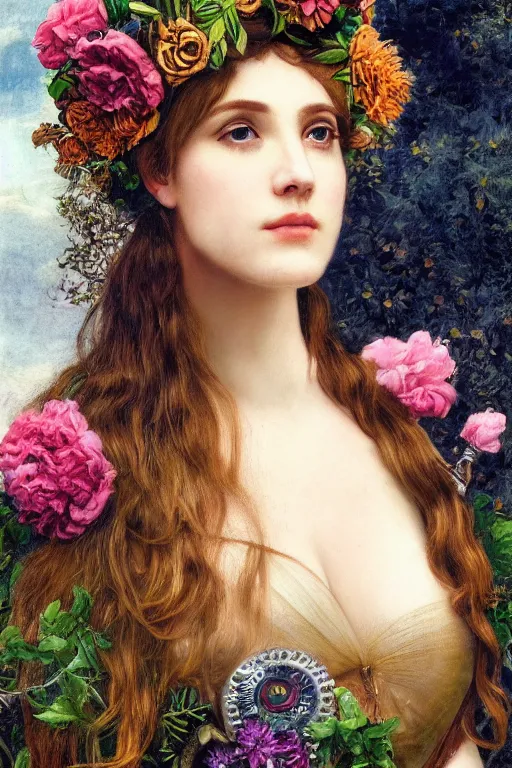 Image similar to close-up portrait of a beautiful young cyborg woman with a big steampunk flower crown, Pre-Raphaelite