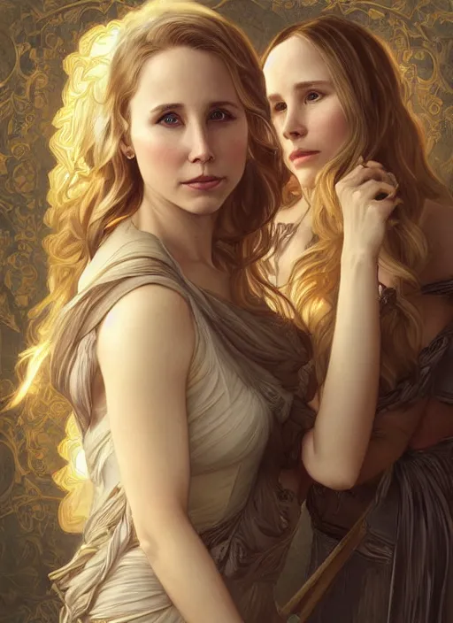 Image similar to beautiful portrait of alona tal and kristen bell, intricate, elegant, highly detailed, digital painting, artstation, concept art, smooth, sharp, focus, illustration, art by artgerm and greg rutkowski and alphonse mucha