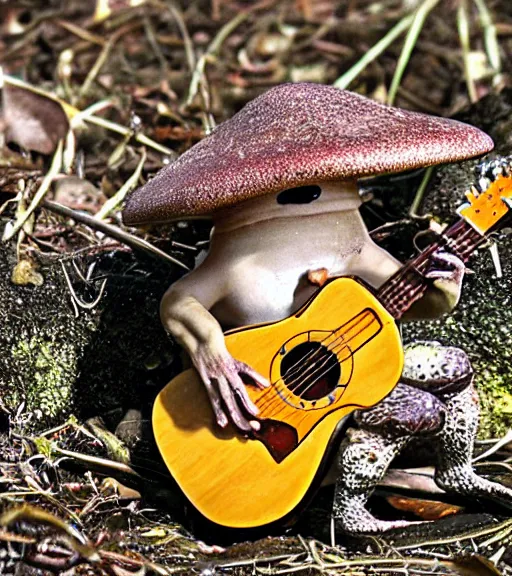 Image similar to a toad on a mushroom playing guitar