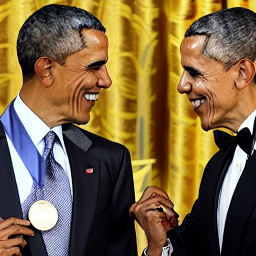 Prompt: A serious Barack Obama in a suit is awarding a medal to another, smiling, suited Barack Obama. There's a yellow curtain in the background.