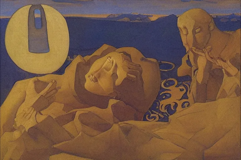 Image similar to in the wake of the unseen object,by Nicholas Roerich and Adolf Wölfli and ford madox brown, symbolist, dramatic lighting, elaborate geometric ornament, Art Brut, smooth, sharp focus, extremely detailed