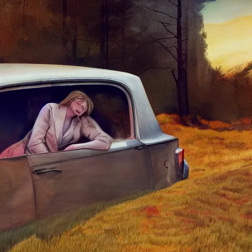 Prompt: Elle Fanning in the painted world of Drive, head and shoulders masterpiece, apocalypse, golden hour, cosmic horror, artstation, in the style of Andrew Wyeth and Edward Hopper and Bosch, extremely detailed