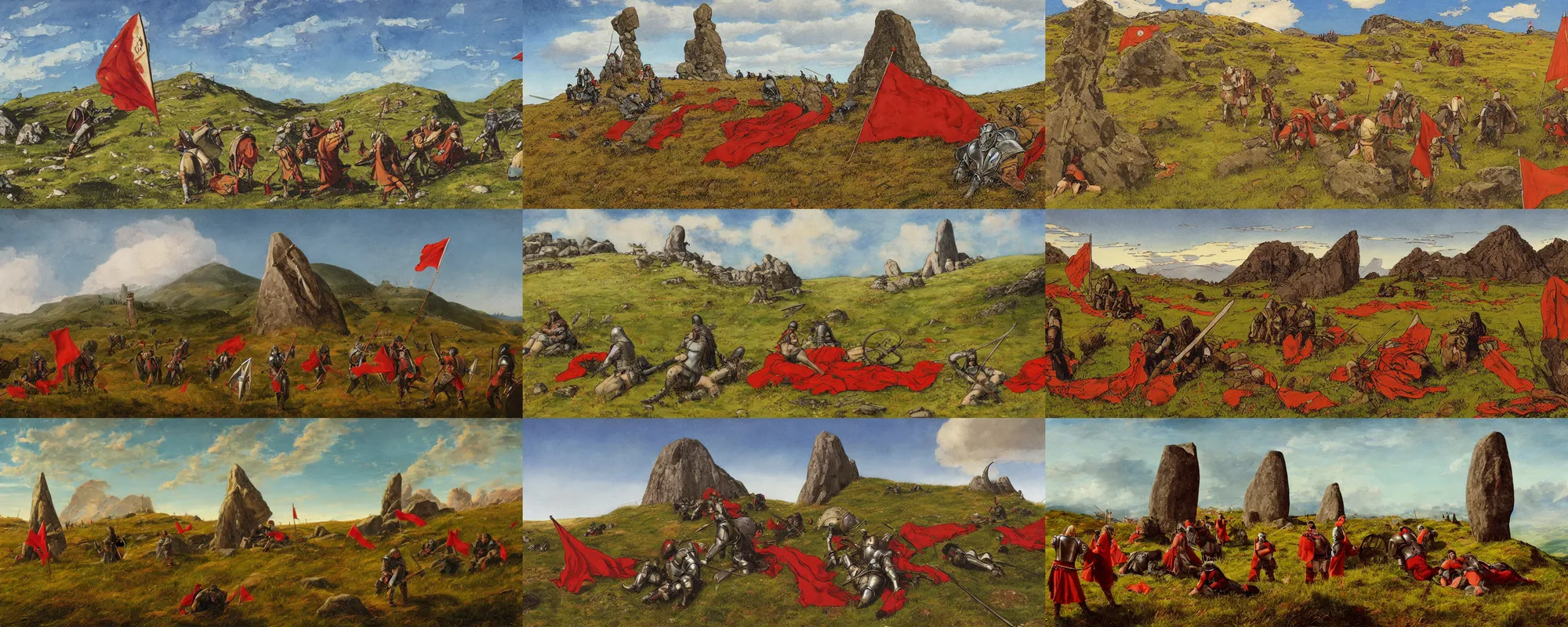 Prompt: meadow mountain landscape with a menhir in the foreground, medieval warriors wearing plate armor resting, red flag, by katsuhiro otomo