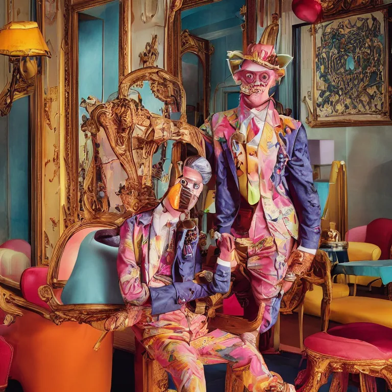 Image similar to vogue photoshoot octane render portrait by wayne barlow and carlo crivelli and glenn fabry, focus on an eccentric man in a bright colorful pastel wes anderson uniform and a latex mask inside a high - end exotic vintage boutique hotel lounge, very short depth of field, bokeh