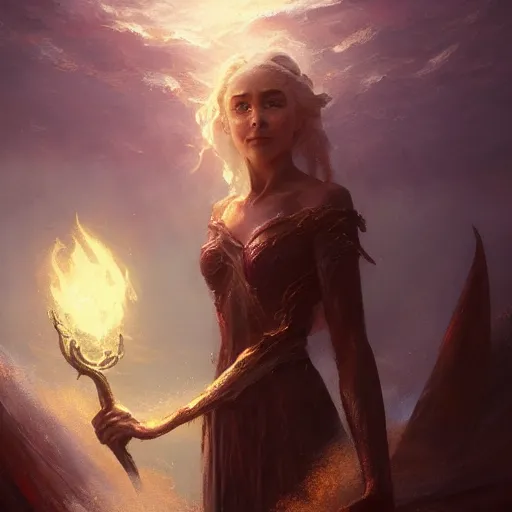 Prompt: a beautiful eldritch daenerys targeryan, shining her light across a tumultuous sea of blood by greg rutkowski and thomas kinkade, trending on artstation,