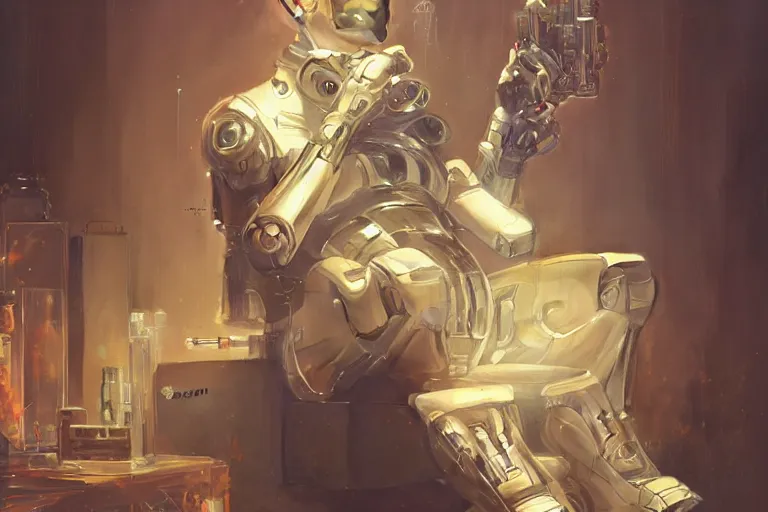 Prompt: Ultra realistic illustration, robot sitting smoking a cigar, cyberpunk, sci-fi, fantasy, intricate, elegant, highly detailed, digital painting, artstation, concept art, smooth, sharp focus, illustration, art by artgerm and greg rutkowski and alphonse mucha