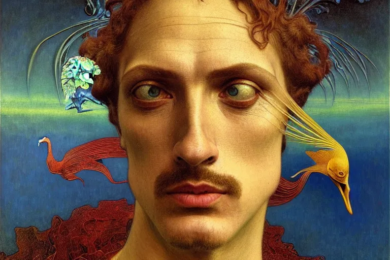 Image similar to realistic detailed portrait painting of a man with head of a bird, nightly graveyard landscape background by Max Ernst, Jean Delville, Amano, Yves Tanguy, Alphonse Mucha, Ernst Haeckel, Edward Robert Hughes, Roger Dean, masterpiece, cinematic composition, dramatic pose, 4k details, rich moody colours, blue eyes