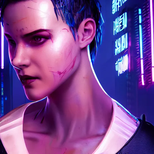 Image similar to elliot page portrait, cyberpunk 2 0 7 7, cyberpunk judy alvarez, photorealistic, ultra detailed, neon, octane, bokeh, cinematic lighting, cyber, cyberpunk city, studio quality, feature, scars, cyberface, 8 k