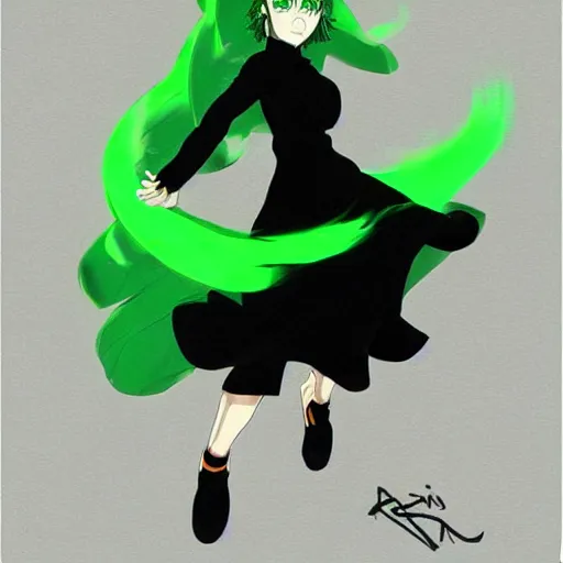 Prompt: tatsumaki, a woman with green hair and a black dress, concept art by ross draws, makoto shinkai, deviantart contest winner, superflat, official art, deviantart hd, dynamic pose