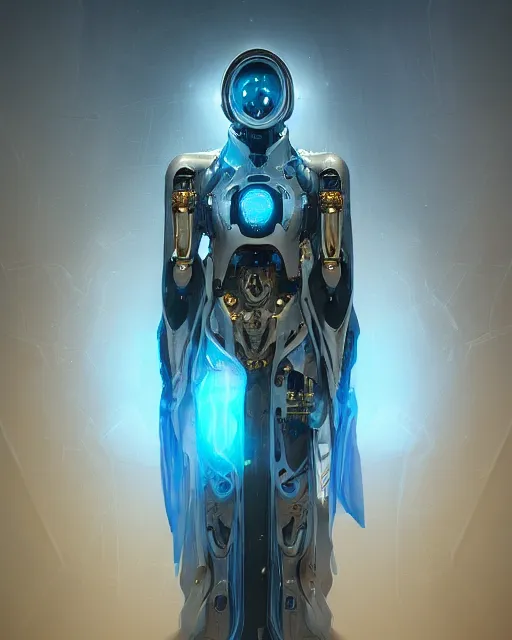 Image similar to benevolent cyborg necromancer, scifi, futuristic, elegant cape, helpful, kind, intelligent, alien room background, white, blue, gold, highly detailed, trending on artstation, soft light, holy machine, advanced technology, art by vitaly bulgarov and nivanh chanthara