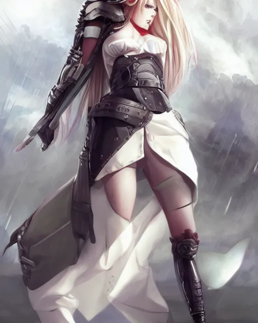 Prompt: The successful warrior is the average man, with laser-like focus, artwork by artgerm, anime, cyberpunk streets in Japan, elegant, seductive, long white hair, knee high socks, short plaid skirt, white blouse, full shot, wide-shot, long-shot, fantasy, mystical, magical