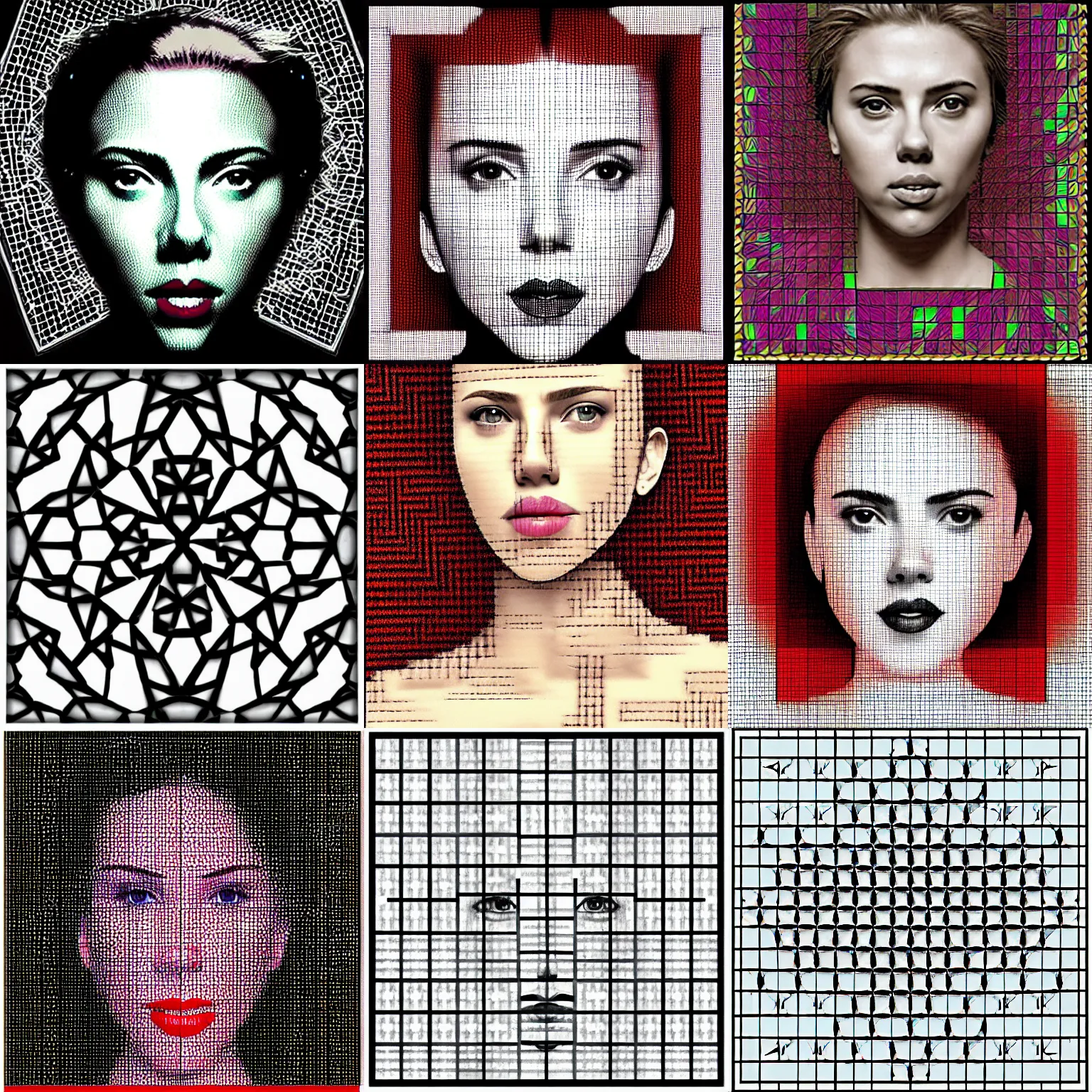 Prompt: fractal grid made of scarlett johansson face, math art, grid symmetry. squares