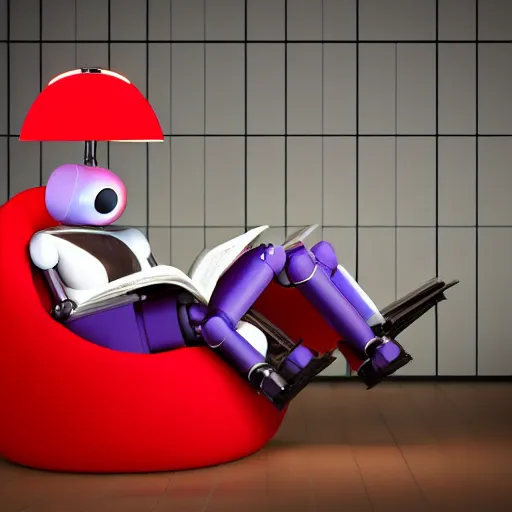 Prompt: futuristic studious matte brown and red and chrome full-body humanoid robot with two huge round expressive sad purple glowing LED eyes and open rectangular mouth sitting on a large comfortable cushioned 1950s vintage recliner reading a newspaper. open newspaper. wide Cinematic Movie Photograph, Arri Alexa, Extremely Detailed, smooth, very very clean, 8K, octane render, maya render, unreal engine, trending on artstation, DSLR, excellent composition, center frame