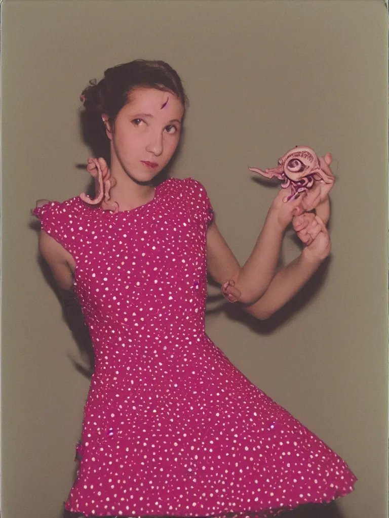 Prompt: Polaroid of an octopus in a pink polkadot dress at her high school prom, portrait by David friedric