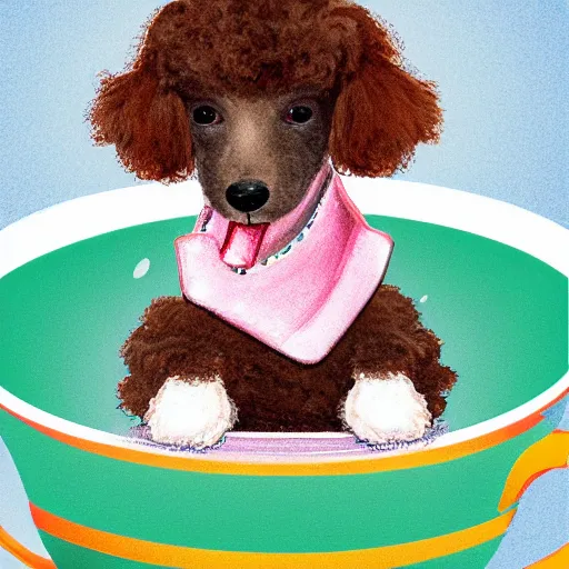 Prompt: cute poodle sitting inside a tea cup, realistic