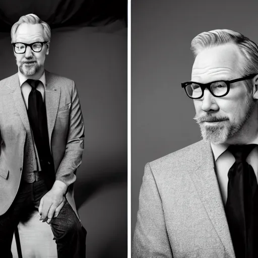 Image similar to adam savage in a fancy suit by a upscale party photoshoot