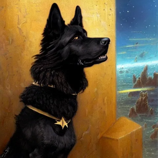 Image similar to a portrait of a black german shepard dogman man in swimsuit starfleet star trek risa. highly detailed painting by gaston bussiere craig mullins jc