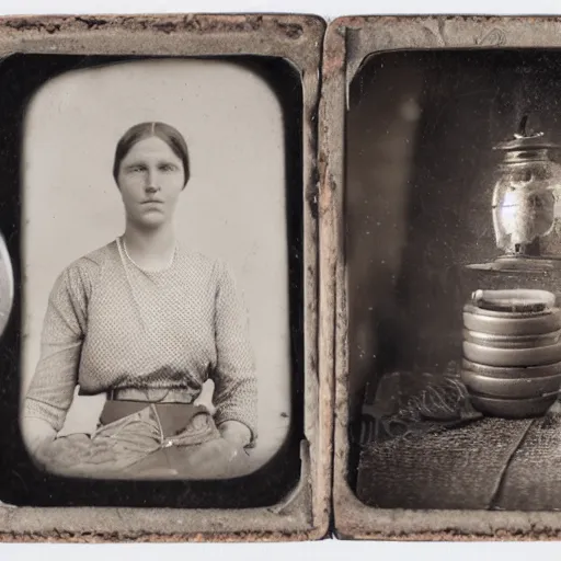 Image similar to Tintype photograph of found objects displayed in an ethnographic museum, archive material, anthropology, 1920s studio lighting.