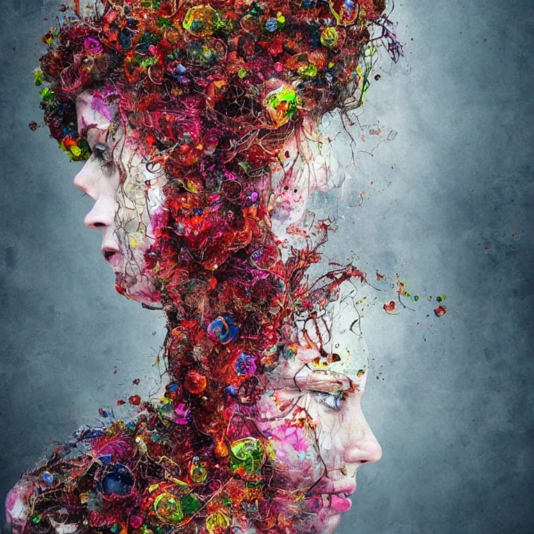 Prompt: portrait of a woman with swirling crystal hair and fractal skin, illustration by artur bordalo, retrofuturism, psychedelic art reimagined by industrial light and magic