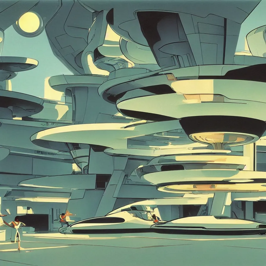 Prompt: concept art of jetsons cartoon scenario of a futuristic house, painted by syd mead