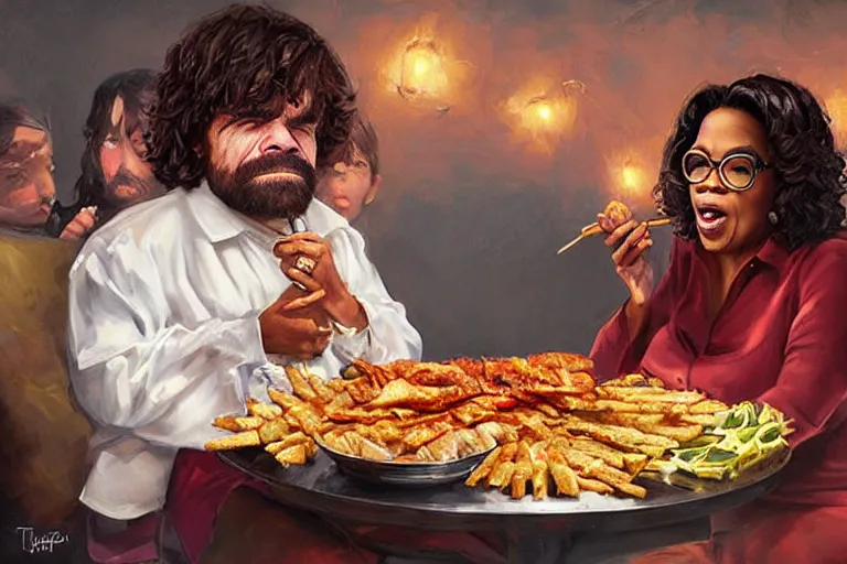 Prompt: portrait of oprah winfrey feeding peter dinklage kebabs, an oil painting by ross tran and thomas kincade