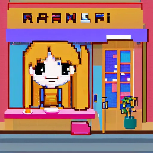 Prompt: pixel art anime girl in ramen cafe, soft colors