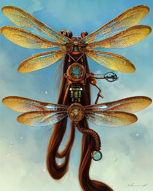 Image similar to a mechanically enhanced steampunk dragonfly from ancient persia. noble bearing. award winning ornate symmetry matte portrait, artgerm, rhads watercolor, serenity