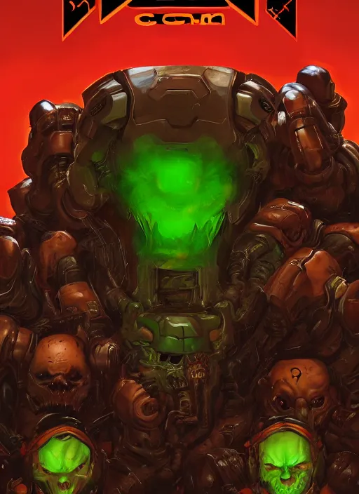 Prompt: ( doom ) cover featuring doom guy!! doom marine!! surrounded by demons, by kenneth scott, artstation, vivid gaze