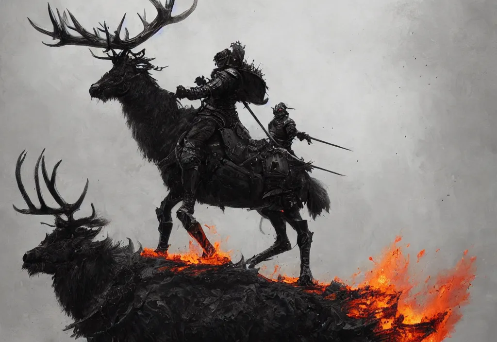 Image similar to a knight riding a burning stag, artstation, jakub rozalski, high detail, dramatic lighting