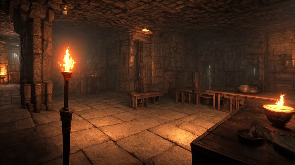 Image similar to delicious torch lit prison dungeon jail cell atmospheric unreal engine hyperreallistic render 8k character concept art masterpiece screenshot from the video game the Elder Scrolls V: Skyrim moody orange 2700K global illumination